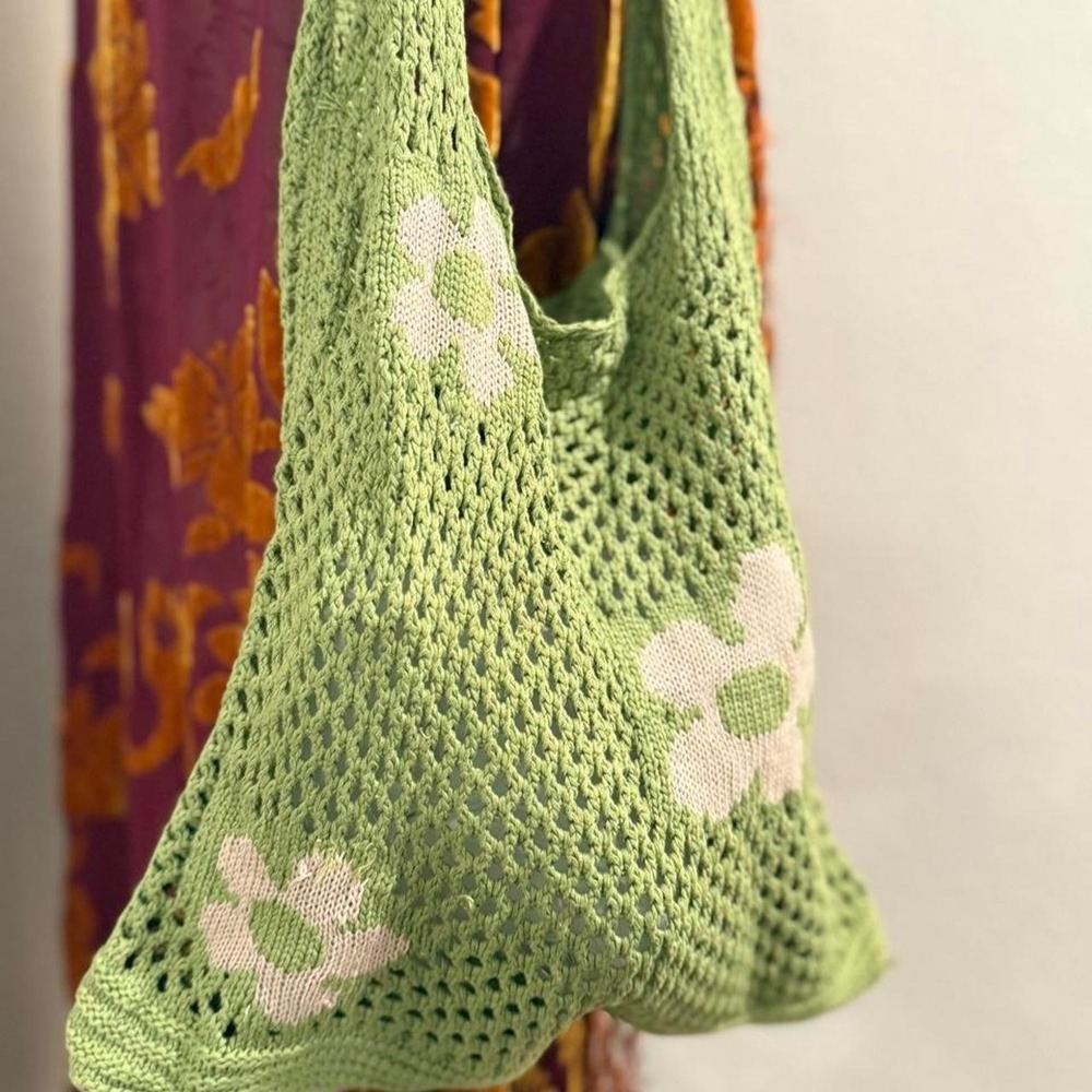 Vintage 2000s boho crochet green floral bag - Picture 2 of 5